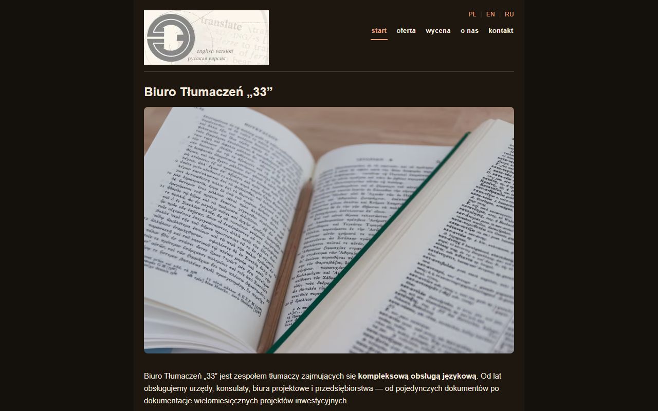 Strona główna Biura Tłumaczeń „33”: logo, menu w trzech językach i sekcja z opisem oferty.